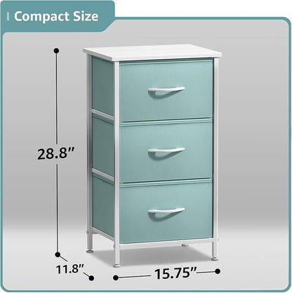Sorbus Nightstand with 3 Drawers - Bedside Furniture & Accent End Table Chest for Home, Bedroom Accessories, Office, College Dorm, Steel Frame, Wood Top, Pastel Fabric Bins (Aqua)