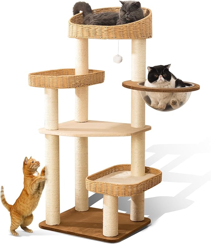 Cat Tree Tower for Indoor Cats, House Condo for Large Cats, Modern Tall Manual Hand Woven With Sisal, Scratching Post, Cute Furniture Activity Centre, Cat Lover Gift-Mewly Pet