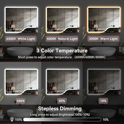 36"x 28" LED Bathroom Mirror with Shelf, Wall-Mounted Backlit Vanity Mirror with Lights, Smart Bathroom Mirror with 3 Colors, Anti-Fog, Stepless Dimmable, Memory (UL, ETL)