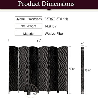 Rose Home Fashion 6 ft Tall Room Divider, Room Dividers and Folding Privacy Screens, 15.7in Privacy Screen 6 Panel Partition Temporary Wall Separation for Private, Black