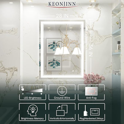 Keonjinn LED Bathroom Mirror with Lights, 28 x 36 Inch Front Lighted Vanity Mirror, HD Tempered Glass, UL-Listed LED Driver, Anti-Fog, 6000K Dimmale, Memory Function, Easy Installation
