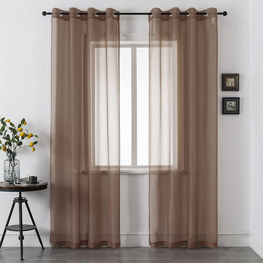 DUALIFE 2 Panels Chocolate Brown Semi Sheer Window Curtains Elegant Grommet Top Window Voile Drapes/Treatment Panels for Bedroom Living Room (52X96 Inches)