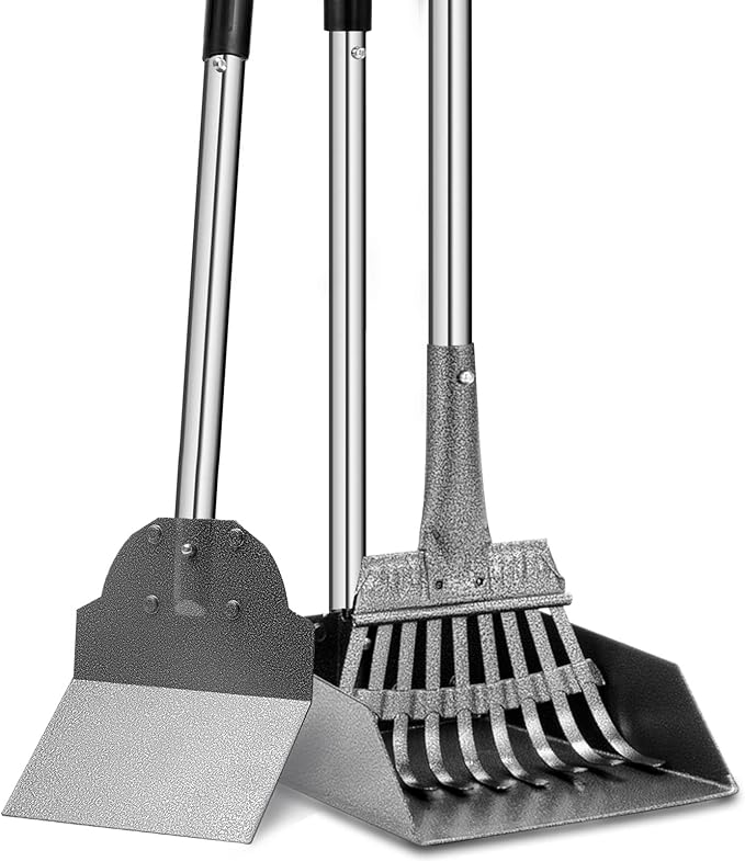 Dog Pooper Scooper, Tray Rake and Spade 3 Pack Poop Scoop Adjustable Long Handle Metal with Bin for Pet Waste Removal, No Bending Clean Up for Large and Small Dogs-Mewly Pet