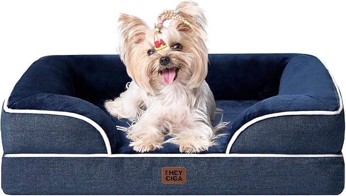 EHEYCIGA Orthopedic Dog Bed for Small Dogs, Waterproof Memory Foam Small Dog Beds with Sides, Non-Slip Bottom and Egg-Crate Foam Medium Pet Couch Bed with Washable Removable Cover, Navy-Mewly Pet