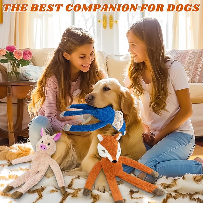 3 Pack No Stuffing Crinkle Squeaky Interactive Plush Dog Toys for Aggressive Chewers to Keep Puppy Busy for Boredom Small & Medium Breeds Furry Friend Teething Orange Fox Pink Pig Blue Hippo-Mewly Pet