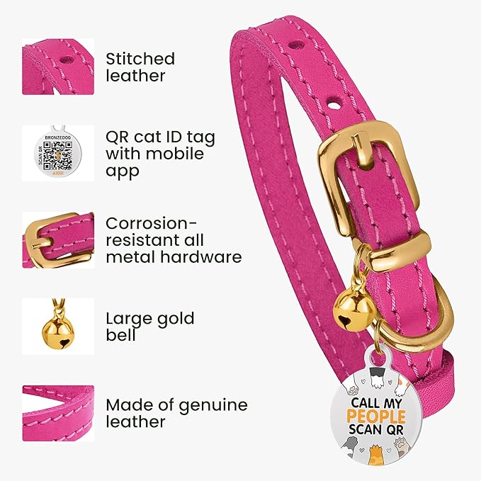 BRONZEDOG Leather Cat Collar with Removable Bells Non Breakaway Kitten QR Tag for Girl Boy (7" - 9" for Cats, Pink & Gold)-Mewly Pet