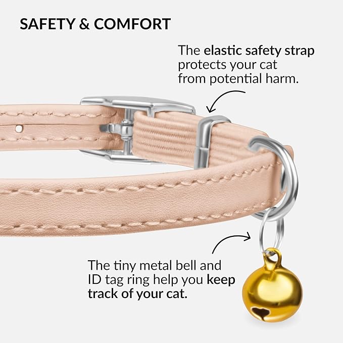 CollarDirect Leather Cat Collar with Bell - Kitten Small and Big Cat Collar for Boy Cats, Girl Cats with Safety Elastic Strap (Neck Fit 6"-7", Beige)-Mewly Pet