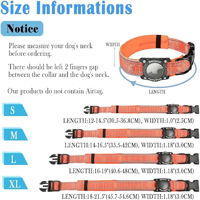Upgraded AirTag Dog Collar, IP68 Waterproof Dog Collar with Apple Air Tag Holder, Reflective Adjustable Heavy Duty Dog Collars with Soft Padded for Small, Medium and Large Dogs,Orange, L-Mewly Pet