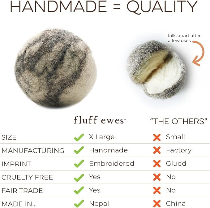 Fluff Ewes Wool Dryer Balls 6 Pack Premium New Zealand Wool Laundry Balls for Dryer, No Static Dryer Balls Laundry Reusable Cute, XL Wool Dryer Balls Cute, Baby Dryer Balls for Dryers - Marble-Mewly Pet
