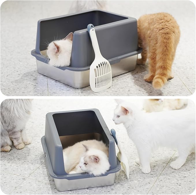 Stainless Steel cat Litter Box, Covered Metal Litter Box, cat Litter Pans with high Sides, Kitty Litter Boxes for Indoor Cats (Non Sticky, Easy to Clean, Anti-Urine Leakage) 17.5" L x 13.5" W x 4" H-Mewly Pet