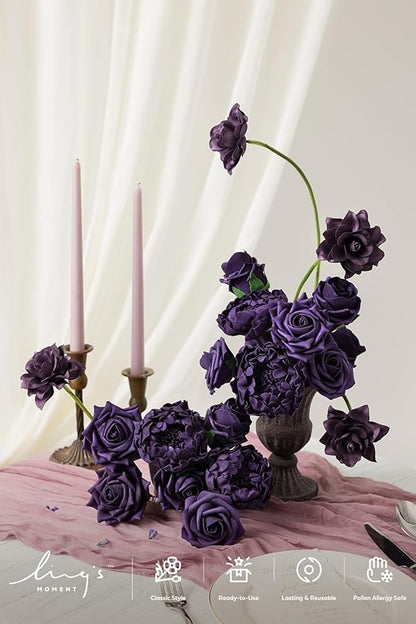 Ling's Moment Artificial Flowers Fake Roses Faux Peony Foam Gardenia Combo for DIY Wedding Bouquets Centerpieces Arrangements Bridal Shower Party Home Decorations, Purple, 23pcs