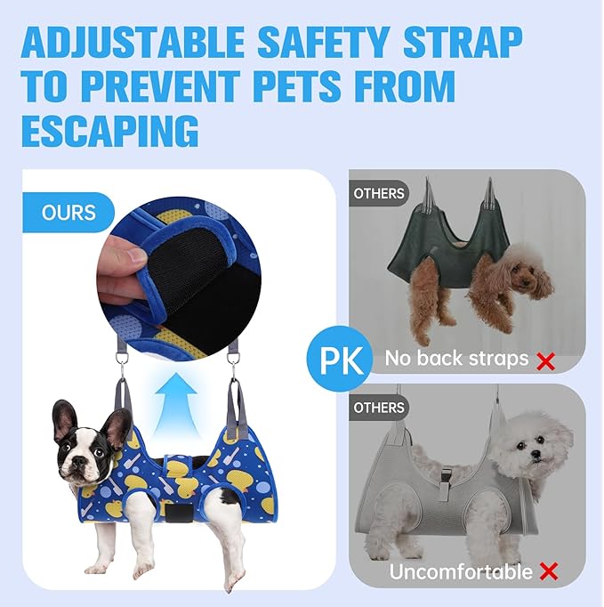 PAWCHIE Dog Grooming Hammock Harness for Dogs & Cats with Pet Nail Clipper Trimmer - Cat Hanger Sling for Trimming Clipping Nails- Dog Hammock Restraint Bag for Small Medium Large Dog, Navy Blue M-Mewly Pet