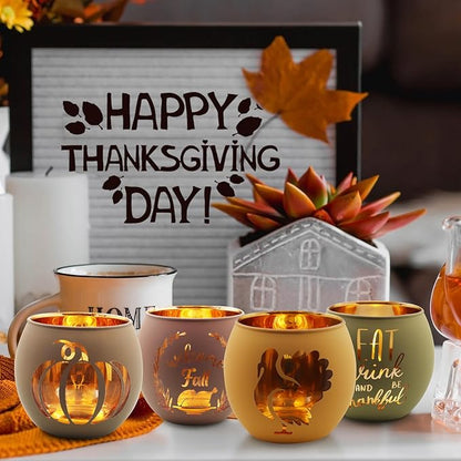 Thanksgiving Votive Candle Holder Set of 6, Glass Votives Holder with 6 Laser Engraving Patterns, Tealight Holders Bulk for Fall Table Centerpiece Decor