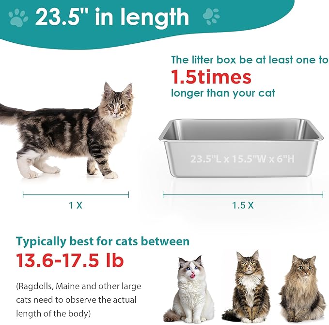 IKITCHEN Stainless Steel Cat Litter Box, Large Metal Litter Box for Cats, Never Absorbs Odors,Stain Free, Rustproof, Non Stick Smooth Surface 23.5" L x 15.5" W x 6" H-Mewly Pet