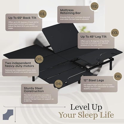 Sven & Son Essential Adjustable Bed Base (Frame) + 14 inch Hybrid Spring Matt (Medium Soft), Easy Assembly, Head and Foot Lift, Memory Positions, Zero Gravity, Wireless Remote - Split King