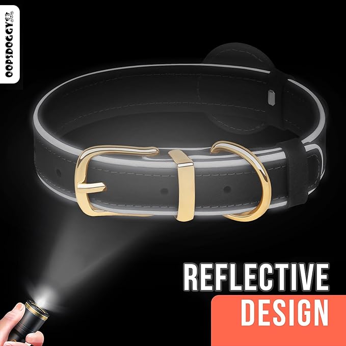 OOPSDOGGY Reflective Geniune Leather Airtag Dog Collar Soft Padded Collars for Small Medium Large Breed Dogs Puppy, 4 Sizes, 7 Colors (Black, Small, 9"-12")-Mewly Pet