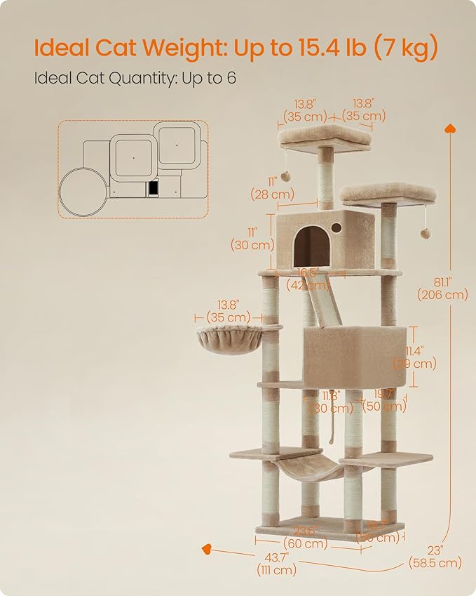 Feandrea Cat Tree, 81.1-Inch Large Cat Tower with 13 Scratching Posts, 2 Perches, 2 Caves, Basket, Hammock, Pompoms, Multi-Level Plush Cat Condo for Indoor Cats, Camel Brown UPCT190K01-Mewly Pet