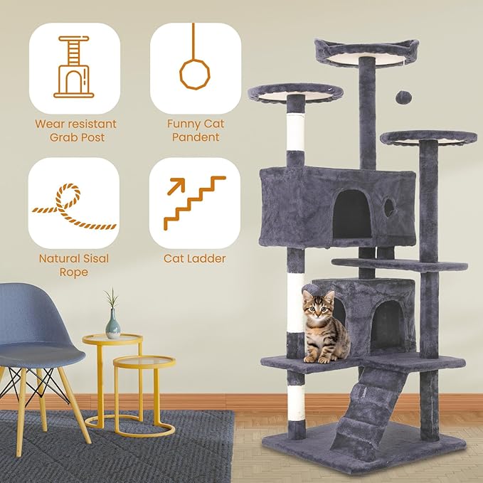 54.7 inches Cat Tower for Indoor Cats Multi-Level Cat Condos for Cat Tree Cat Climbing Tower with Scratching Posts, Hanging Toys,Ashy-Mewly Pet