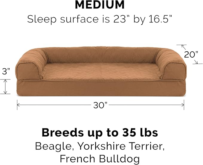 Furhaven Cooling Gel Dog Bed for Medium/Small Dogs w/ Removable Bolsters & Washable Cover, For Dogs Up to 35 lbs - Quilted Sofa - Toasted Brown, Medium-Mewly Pet