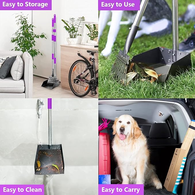 QiMH Upgraded Dog Pooper Scooper Extra Large, Adjustable Long Handle Stainless Metal Pet Poop Tray and Rake Set for Large Medium Small Dogs, Dog Waste Removal Bin Rake, Great for Grass, Street, Gravel-Mewly Pet