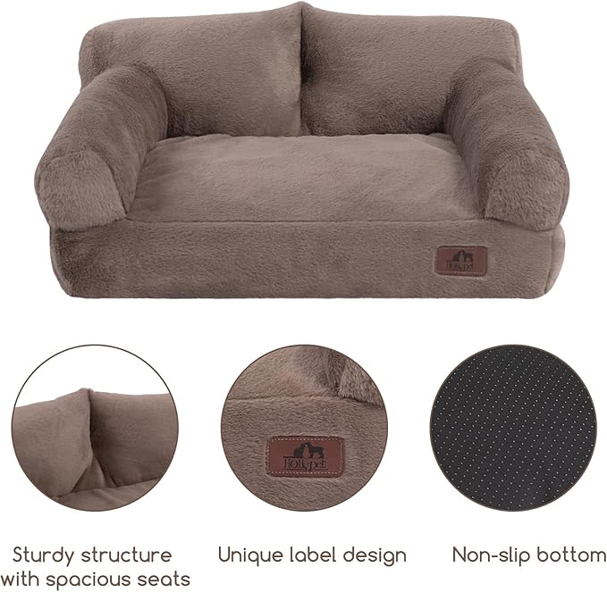 Hollypet Fluffy Plush Pet Sofa Soft Calming Pet Sofa Beds for Medium Small Cats and Dogs, Dark Brown-Mewly Pet