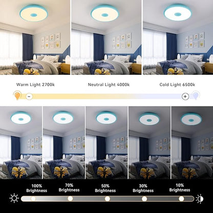 Sky Blue Waterproof LED Ceiling Light Fixture,Music Ceiling Lamp,with Bluetooth Speaker,11Inch 18W, 2700K-6500K Dimmable RGB Color Changing Light with Remote Control,Suitable for Boys' Room