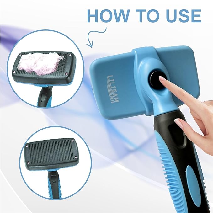 Pet Self Cleaning Slicker Brush and Grooming Comb - Gently Removes Loose Hair, Tangles, and Dirt - Skin Friendly Deshedding Grooming Tool for Hair Dogs & Cats - Pet Supplies Accessories (Blue)-Mewly Pet