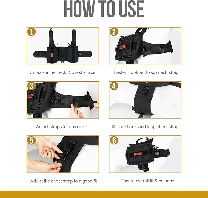 OneTigris Dog Backpack for Medium & Large Dogs, Nylon Backpack for Dogs Tactical Pet Backpack with Side Pockets for Hiking Walking Training Running (Black, Medium)-Mewly Pet