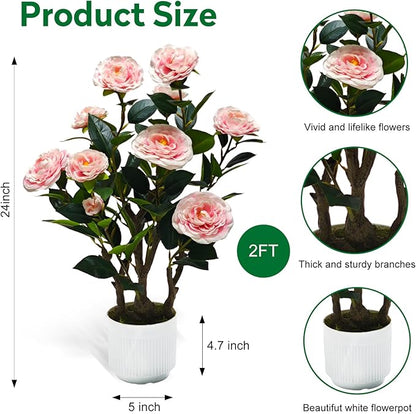 2Pack Artificial Camellia Tree, 2FT Faux Camellia Plant in Pot with Pink Flowers for Spring Home Front Door Outdoor Indoor Decoration,Pink