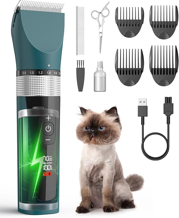 oneisall Cat Clippers for Matted Hair, 5-Speed Quiet Cat Grooming kit, Cordless Pet Shaver for Long Hair,Waterproof Pet Hair Trimmer, Pet Clippers for Cats(Green)-Mewly Pet