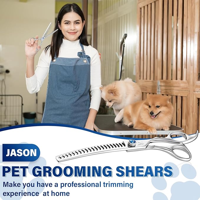 JASON 7" Curved Chunker Dog Scissors - Ergonomic Dog Grooming Scissors Silver Curved Dog Shears 440C Stainless Steel Grooming Shears Professional Pet Shears For Groomer (21-Teeth)-Mewly Pet