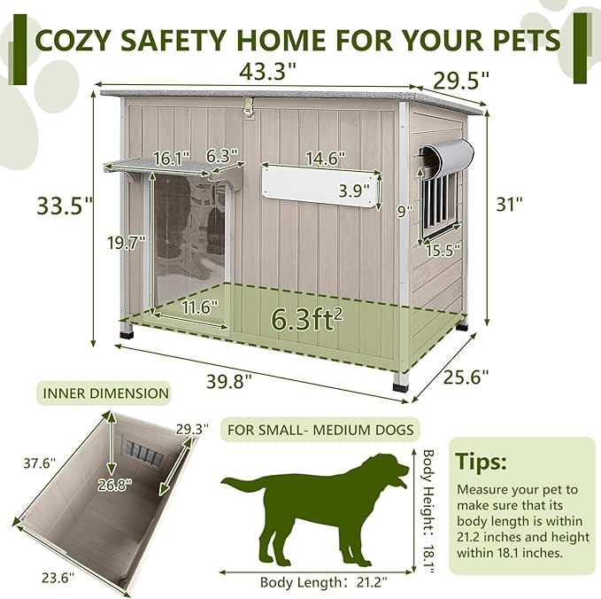 Large Dog House Outdoor XL Wooden Dog House with Weatherproof Asphalt Roof, Chew-Resistant Frame, Removable Floor, for Medium to Large Dogs Indoor Outdoor Use (Grey, 43.3"L x 29.5"W x 33.5"H)-Mewly Pet