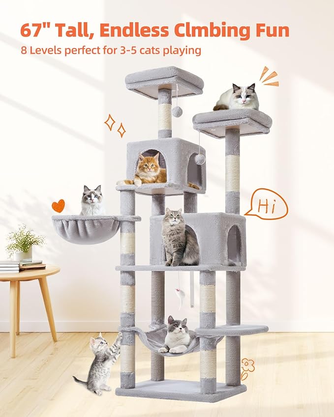 Taoqimiao 66-Inch Cat Tree Cat Tower for Indoor Cats, Plush Multi-Level Cat Condo with 7 Scratching Posts, 2 Perches, 2 Caves, Hammock, 2 Pompoms MS013W Light Gray-Mewly Pet
