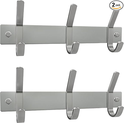 Small Coat Rack Wall Mount – Brushed Nickel 9 Inch Stainless Steel Hook Rail with 3 Heavy Duty Double Coat Hooks – Wall Mounted Coat Hanger for Entryway, Bathroom, Bedroom, Hat Organizer - 2 Pack