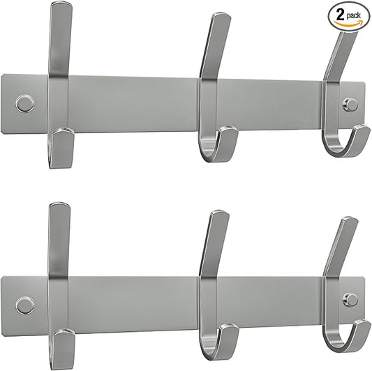Small Coat Rack Wall Mount – Brushed Nickel 9 Inch Stainless Steel Hook Rail with 3 Heavy Duty Double Coat Hooks – Wall Mounted Coat Hanger for Entryway, Bathroom, Bedroom, Hat Organizer - 2 Pack