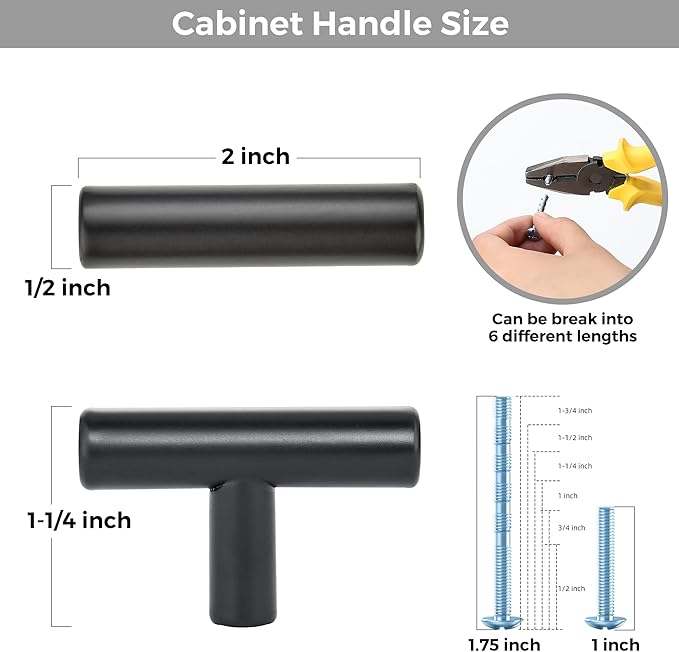 25 Pack Matte Black Cabinet Knobs - Kitchen Cabinet Knobs Black Cabinet Pulls for Kitchen Cabinet Drawer Stainless Steel Dresser Knobs for Cabinet Hardware 2in Length Single Hole T Bar