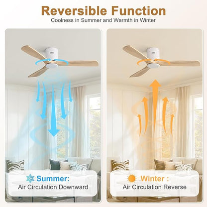 Sofucor 52 Inch Ceiling Fan No Light, Solid Wood Ceiling Fans Without Lights Remote Control, Reversible DC Motor, 6-Speed, Flush Mount Indoor/Outdoor Ceiling Fans for Patios, Bedroom and Farmhouse