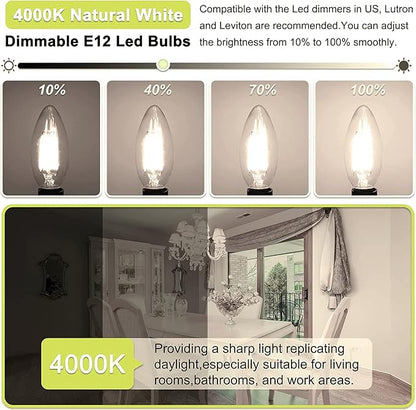Honesorn E12 Led Bulbs, 4W(60W Equivalent Candelabra Led Light Bulbs, 4000K Natural White Chandelier Light Bulbs, 600LM Clear Glass C35 Light Bulbs with Filament, Dimmable Candle Light Bulbs Pack of 6