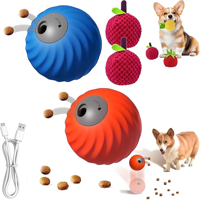 Zoomie Buddy 2.0, Zoomie Buddy for Dogs, 2 in 1 Smart Touch Interactive Dog Balls ＆ Pet Feeder, 2.83" Diameter, Suitable for Small/Medium Dogs, with Fruit Plush Cover (Blue+Orange, Bayberry)-Mewly Pet