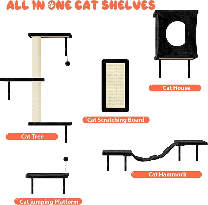 NUNU LAB Wall Mounted Cat Furniture, 5 Pcs Cat Wall Shelves with House, Bridge, Steps, Scratching Post, Shelves, Indoor Safe & Stable Furniture for Kittens Play, Black-Mewly Pet