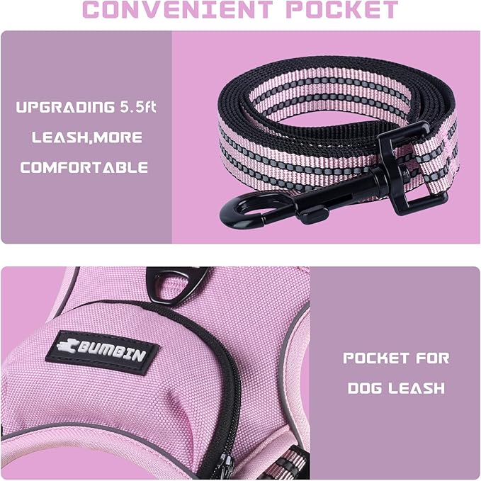 BUMBIN Dog Harness for Large Dogs, No Pull Adjustable No Choke Pet Vest with Dog Leash Fit Smart Reflective Pet Walking Harness for Training Easy Control Soft Handle Pink S-Mewly Pet