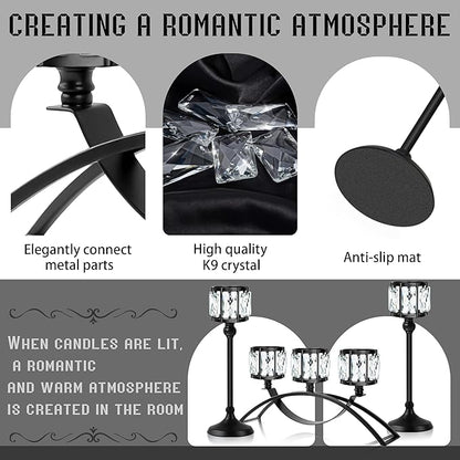 Black Set of 3 Crystal Candle Holders Arched - Elegant Tabletop Candelabra Centerpiece for Weddings, Dining Room Decor, Modern Home & Cabinet Display Housewarming