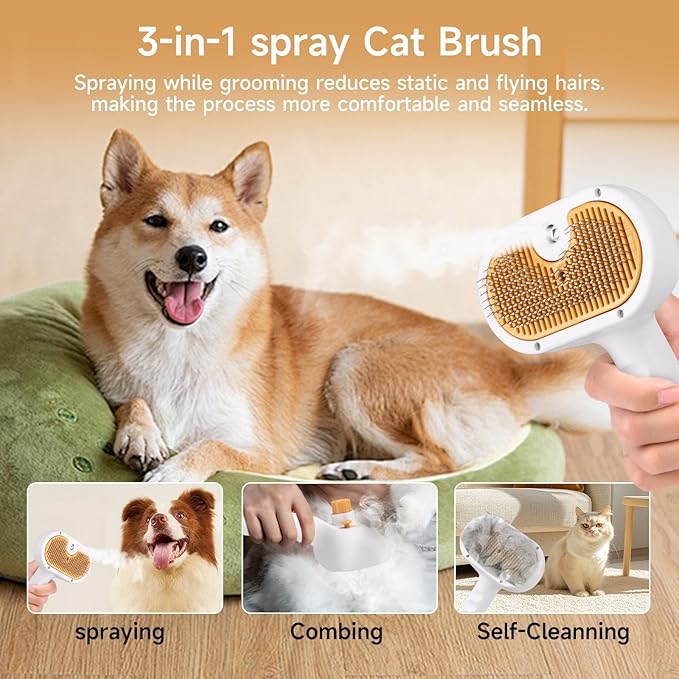 Pet Steam Brush for Dog & Cat – 3-in-1 Spray Hair Removal Comb – Steam for Shedding & Grooming – Water Brush for Long & Short Haired Pets – Spritz Defur Comb – Includes 2*Waterless Shampoo-Mewly Pet