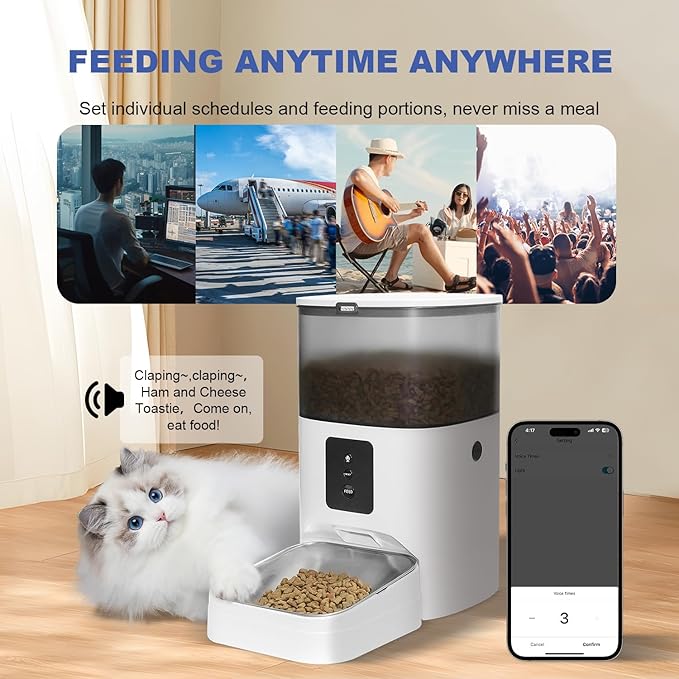 2.4G WiFi Automatic Cat Feeder, 4L Food Dispenser with 10s Voice Recorder, Pet Feeder up to 10 Meals per Day, Timed Cat Feeder with Dry Food Sealed Ring (White, 4L-WiFi)-Mewly Pet
