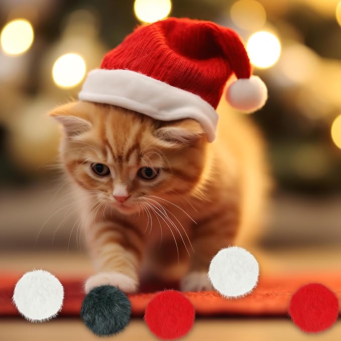 LEIFIDE 12 Pieces Real Rabbit Fur Pom Pom Kitty Cat Toy Fluffy Cat Balls Soft Fuzzy Balls for Kitty Pets Kitten Chase Quiet Play, 3 Inches in Diameter(Red,White,Green)-Mewly Pet