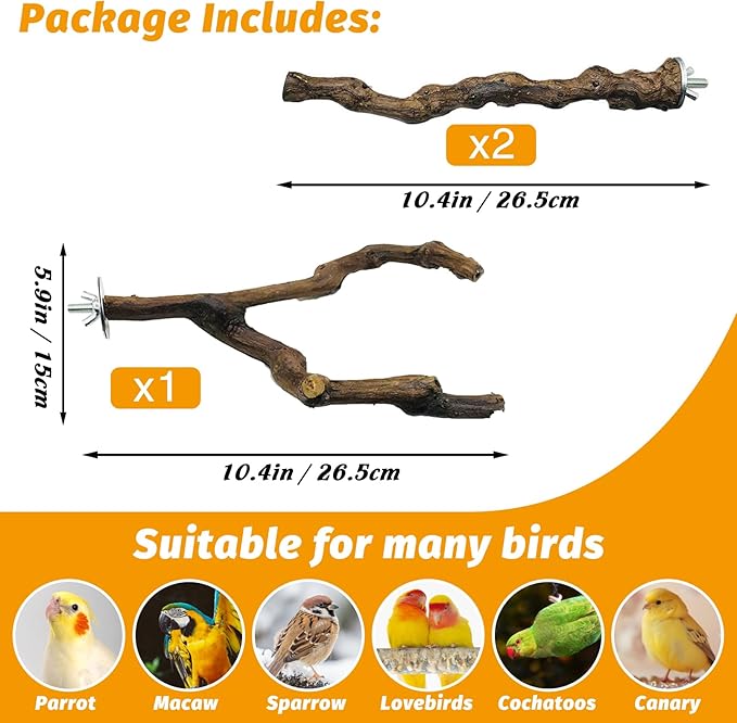 kathson 3pcs Natural Parrot Perch for Cage Wooden Bird Perches Grape Bird Stick Parakeet Climbing Standing Branches Toy Chewable Cage Accessories for Small Budgies Cockatiels Lovebirds Budgies-Mewly Pet