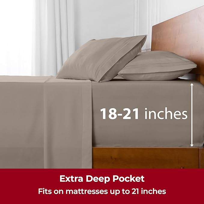 Mellanni Extra Deep California King Sheets - 4 PC Iconic Collection Bedding - Hotel Luxury, Ultra Soft, Cooling Bed Sheets - Wrinkle, Fade, Stain Resistant (Cal King, Tan)