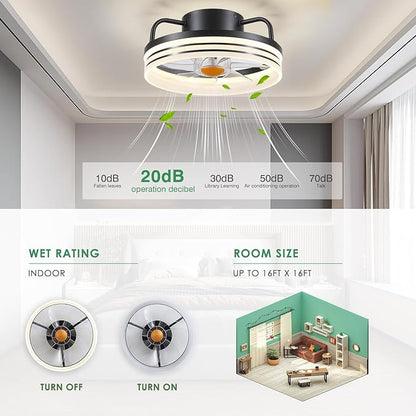 Ceiling Fans with Lights and Remote - Flush Mount Low Profile Ceiling Fans - 13” Bladeless Enclosed Ceiling Fans with Led Light and Stepless Dimming, Small Modern Ceiling Fan for Bedroom