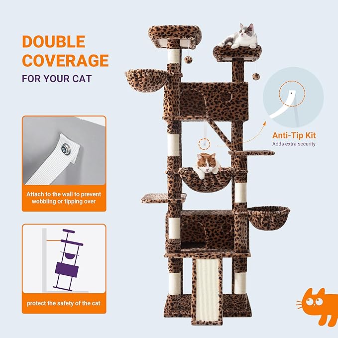 Allewie 81 Inches Tall Cat Tree/Multi-Level Large Climbing Tree House and Towers for Big Feline/Condo and Hammock/Scratching Post/Wide Base/Leopard Print-Mewly Pet