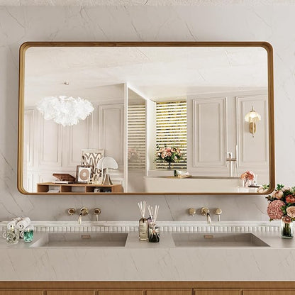 LOAAO 60X28 Inch Bathroom Mirror with Wood Grain Colored Metal Frame, Rounded Rectangle Metal Framed Bathroom Mirror, Anti-Rust, Hangs Horizontally or Vertically, Tempered Glass